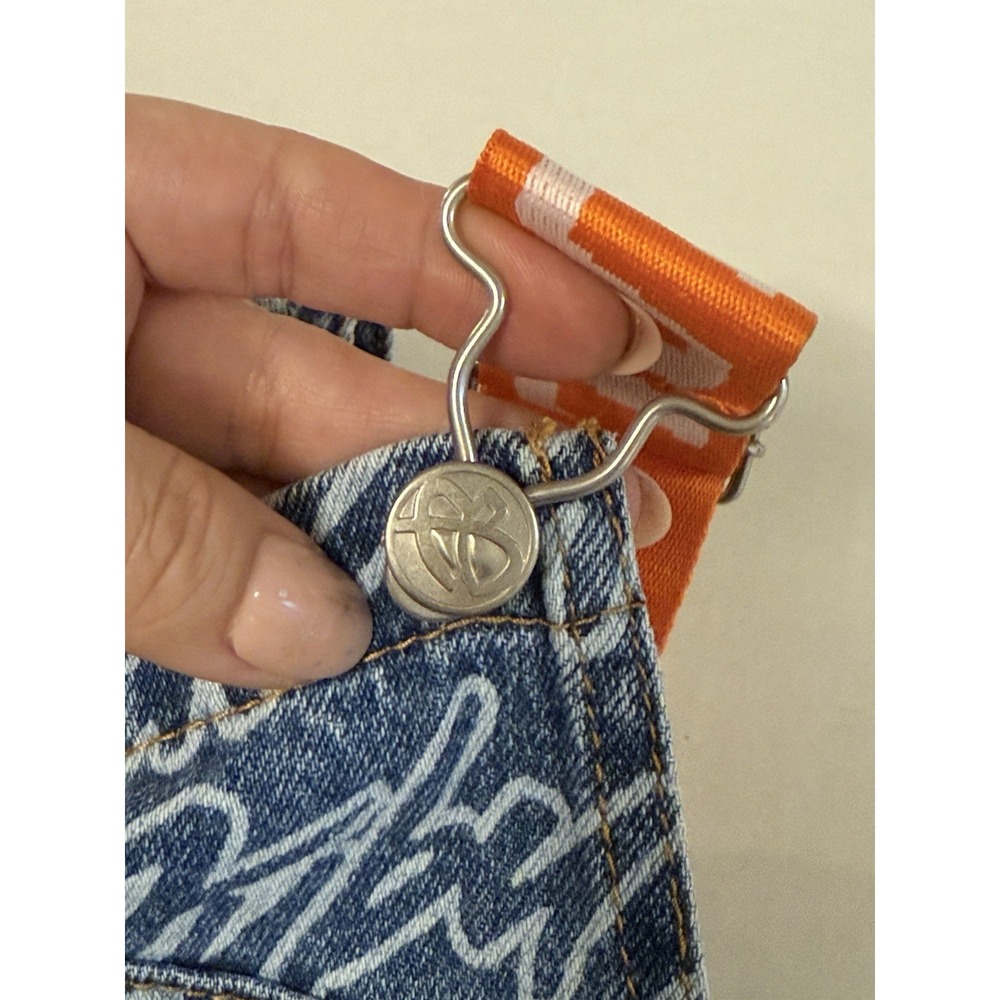 Fubu x Forever 21 Denim Overalls All Over Print 05 Orange Straps Y2K Women Sz S - Picture 12 of 16